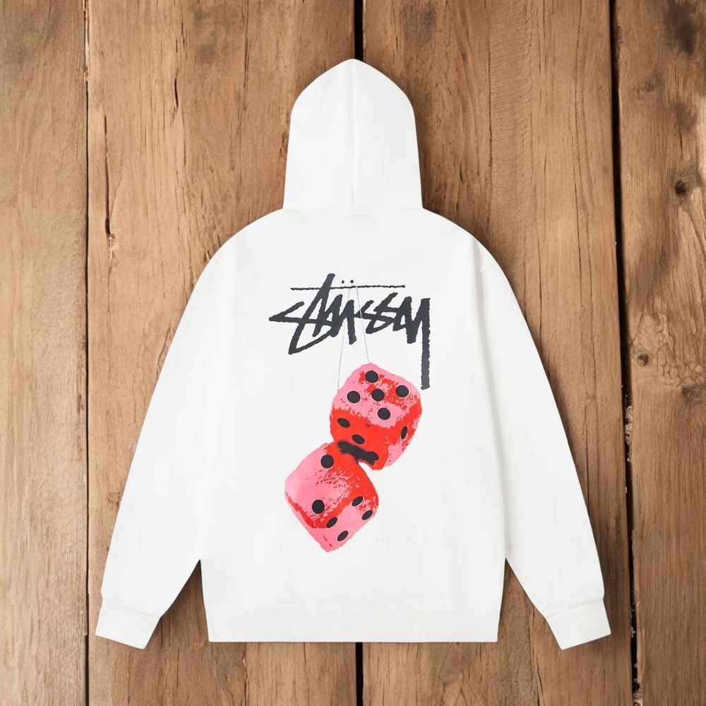 Stussy White Hoodie with Pink and Red Dice Graphic
